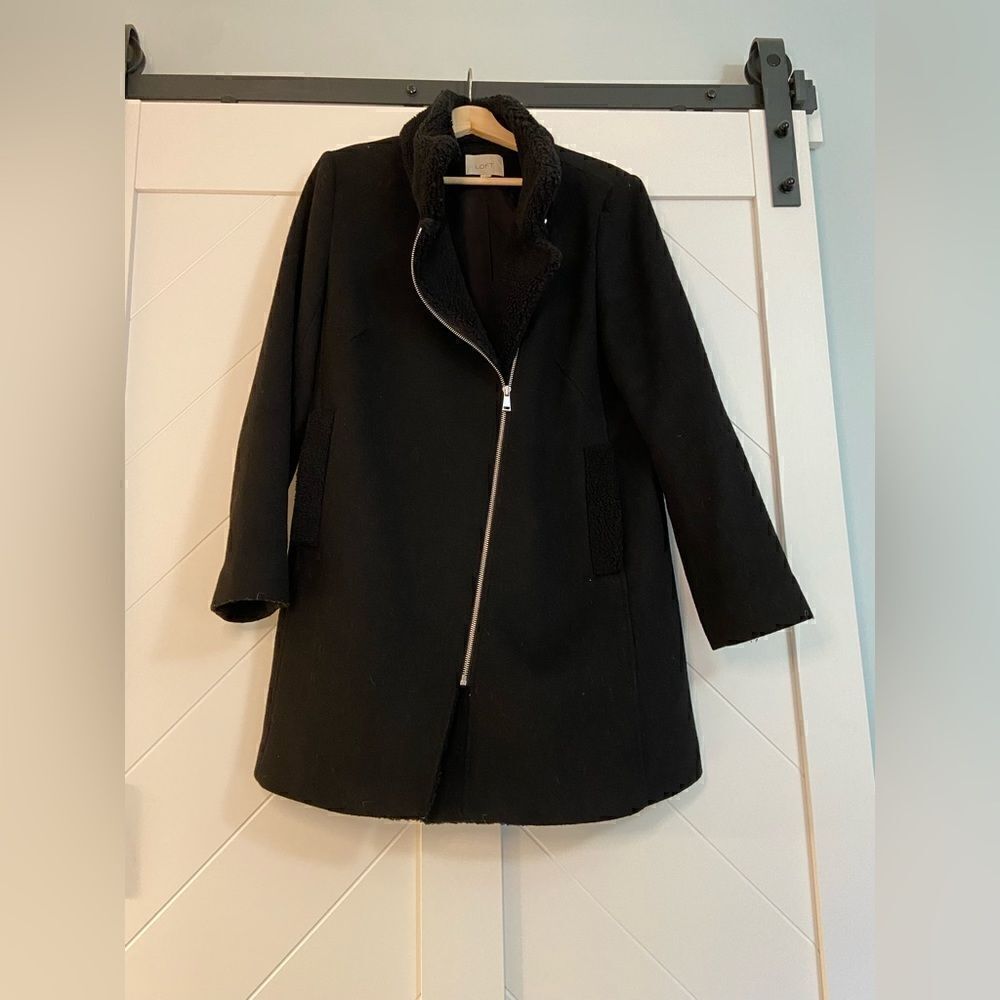 LOFT long black coat with Sherpa detail